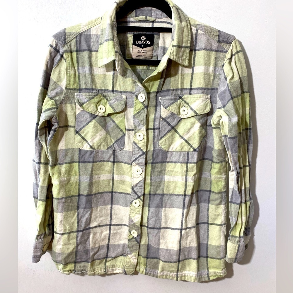 Dravus Heading Nowhere shirt top flannel long sleeve pockets mint grey Sz S Q-09